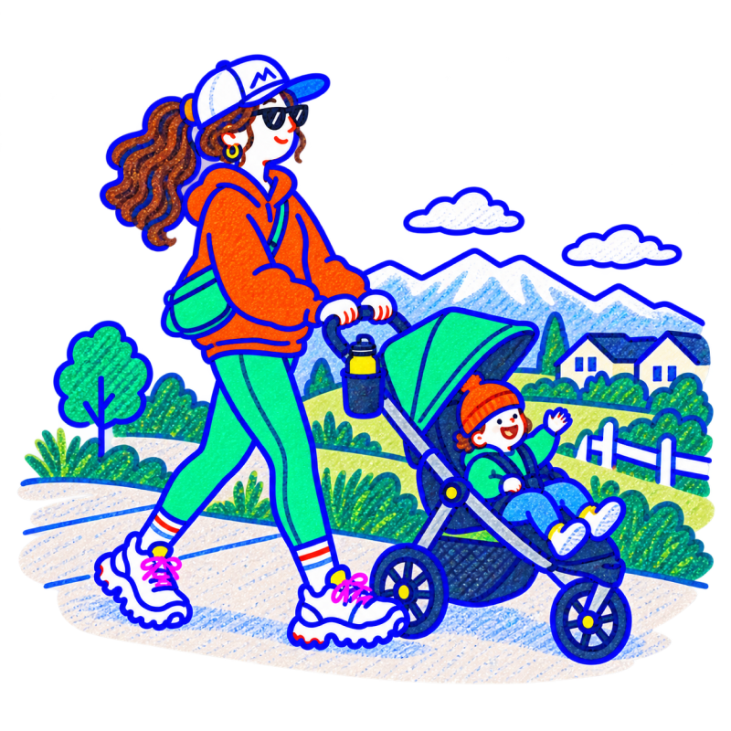 A mom in a cap and orange hoodie pushing a jogging stroller past the mountains, her kid waving from the seat, drawn in marker